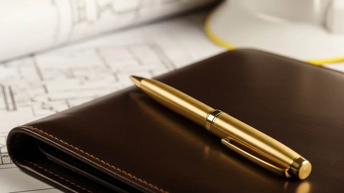 Construction blueprints spread out on a table with a ruler and pencil