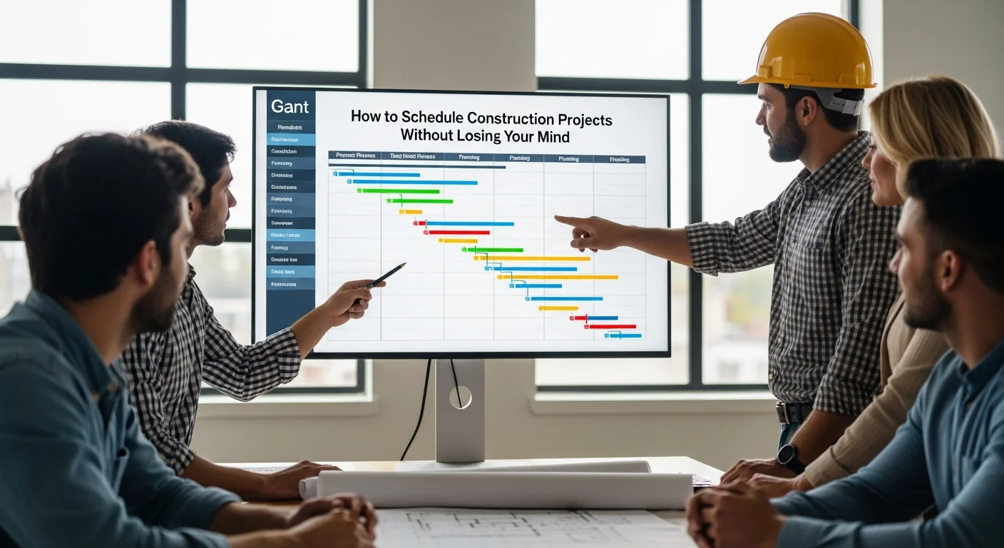 Construction project schedule on a whiteboard with crew assignments and timelines