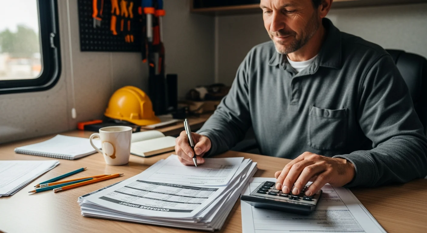 Contractor reviewing job cost reports on a tablet at a construction site