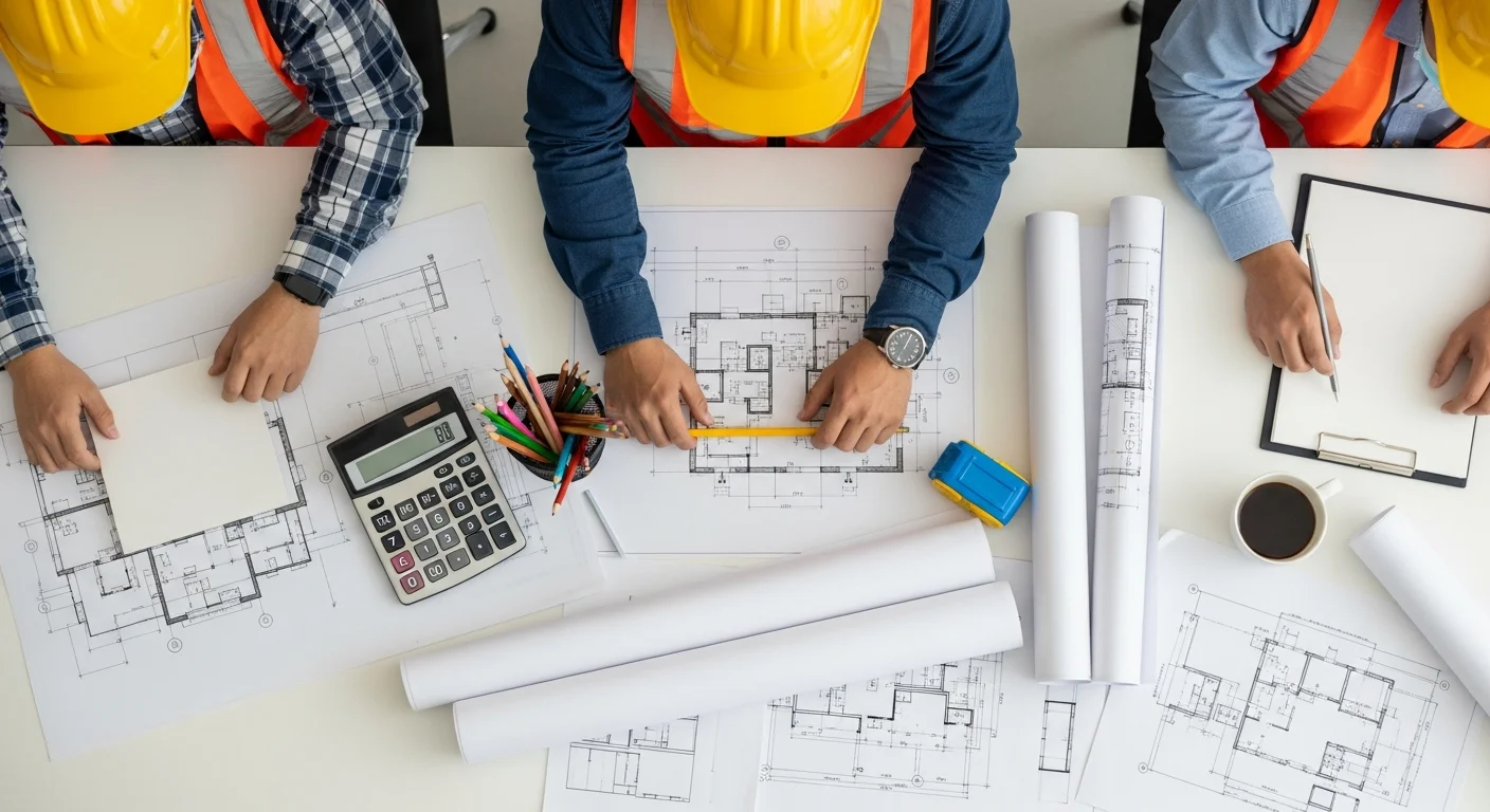 Contractor writing a construction estimate on a laptop with blueprints on the desk