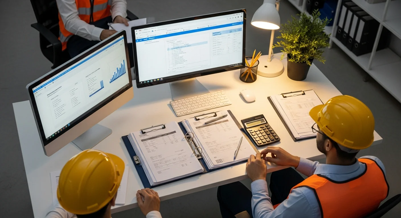 Contractor reviewing QuickBooks on laptop at construction job site