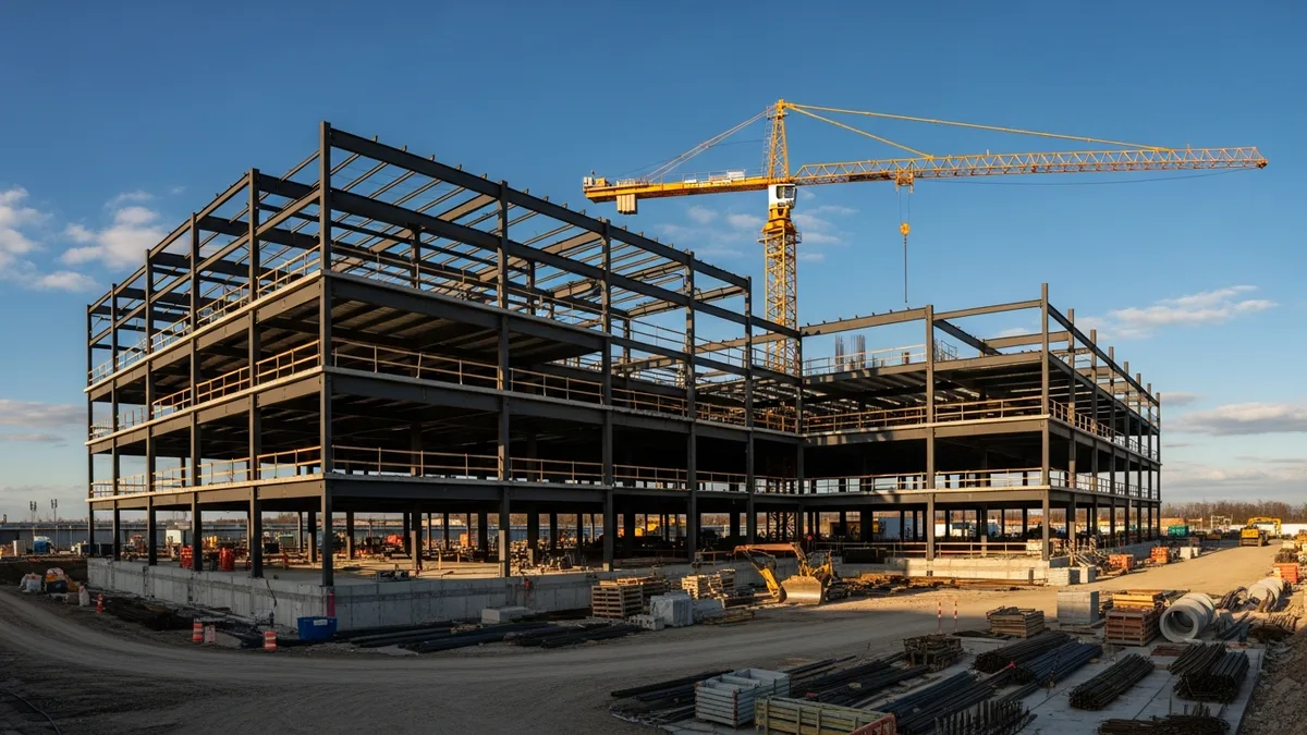Split image showing a residential home build next to a commercial building under construction