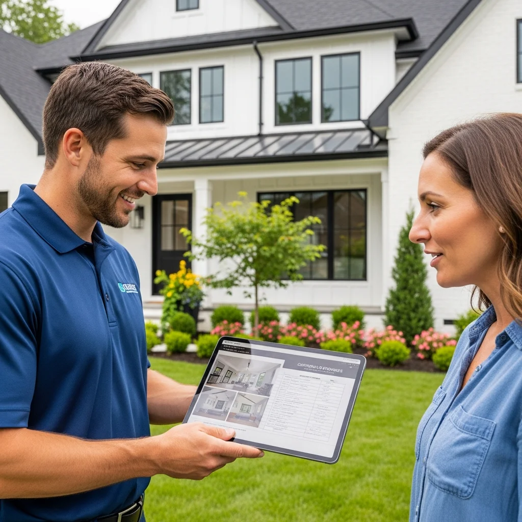 Contractor showing a photo-rich estimate to a homeowner on a tablet