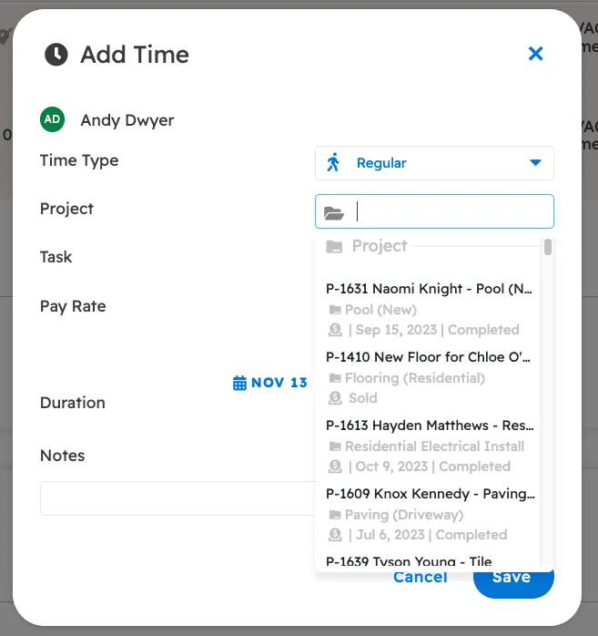 Project numbers in time logs
