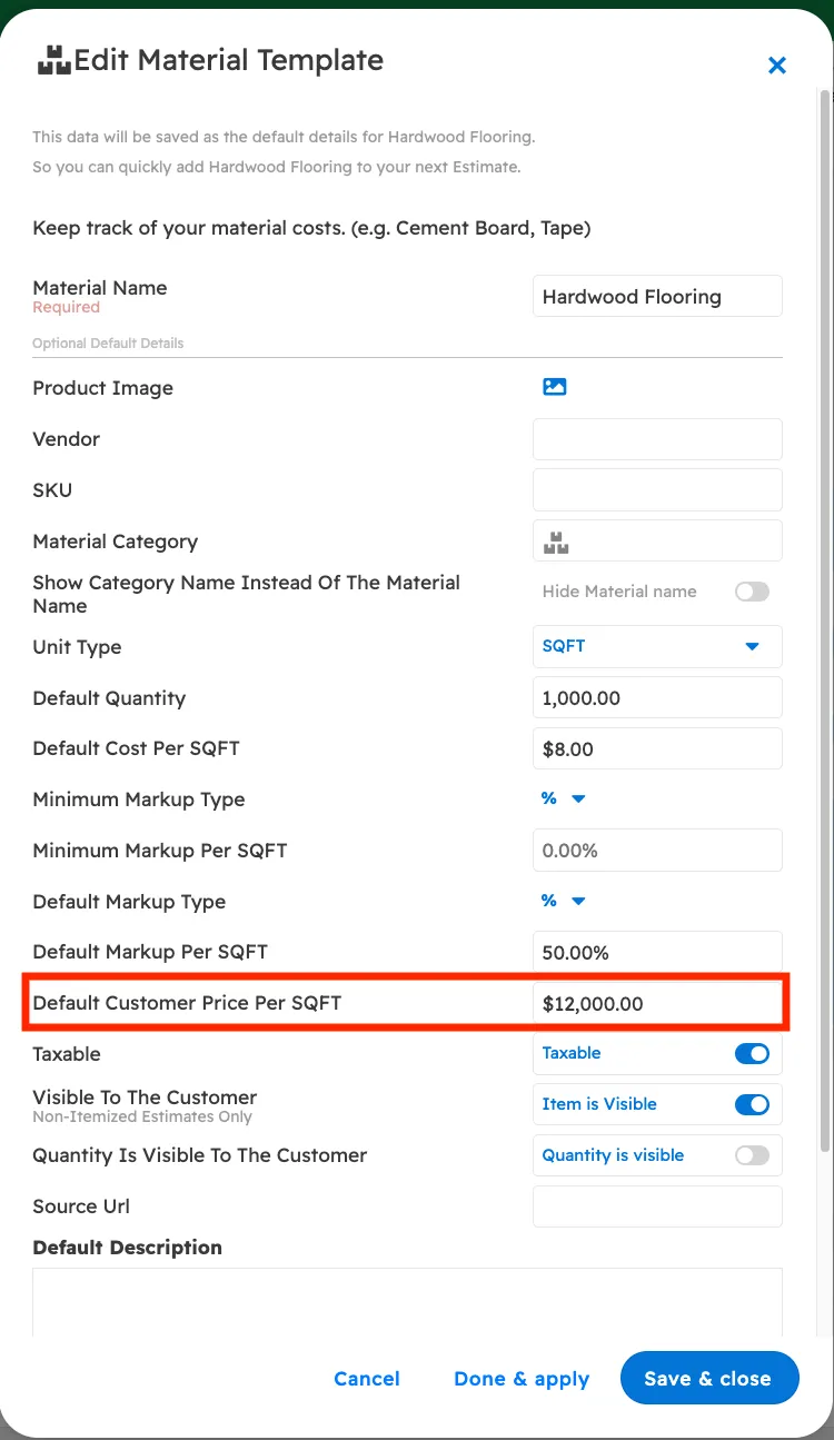 Cost Template with default price for customer